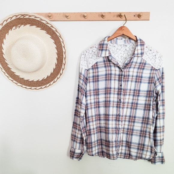 Melrose & Market Plaid Flannel Lace Shoulder Top - Picture 1 of 3